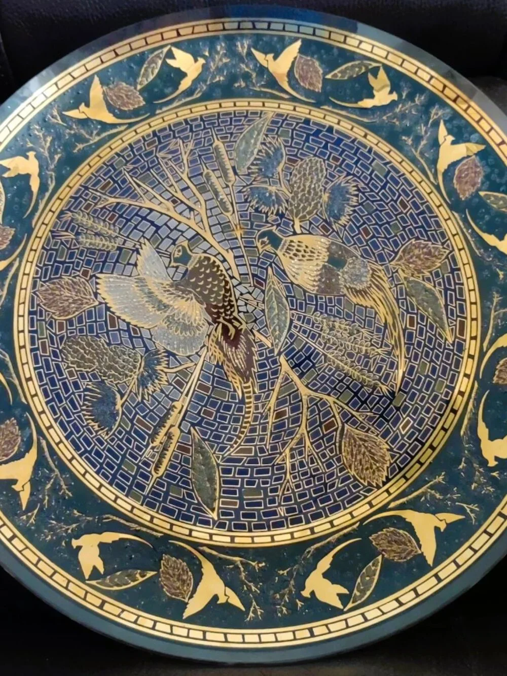 Mosaic Art Glass Plate Pheasants Catails- Blue Gold & Brown colors- Vintage